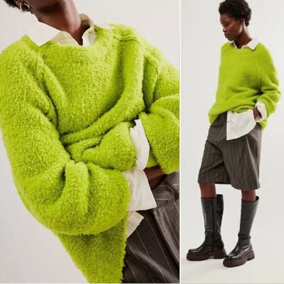 FREE PEOPLE Teddy Sweater Tunic Size L Oversized Lime Green Wool Blend Fuzzy NEW - Picture 5 of 12